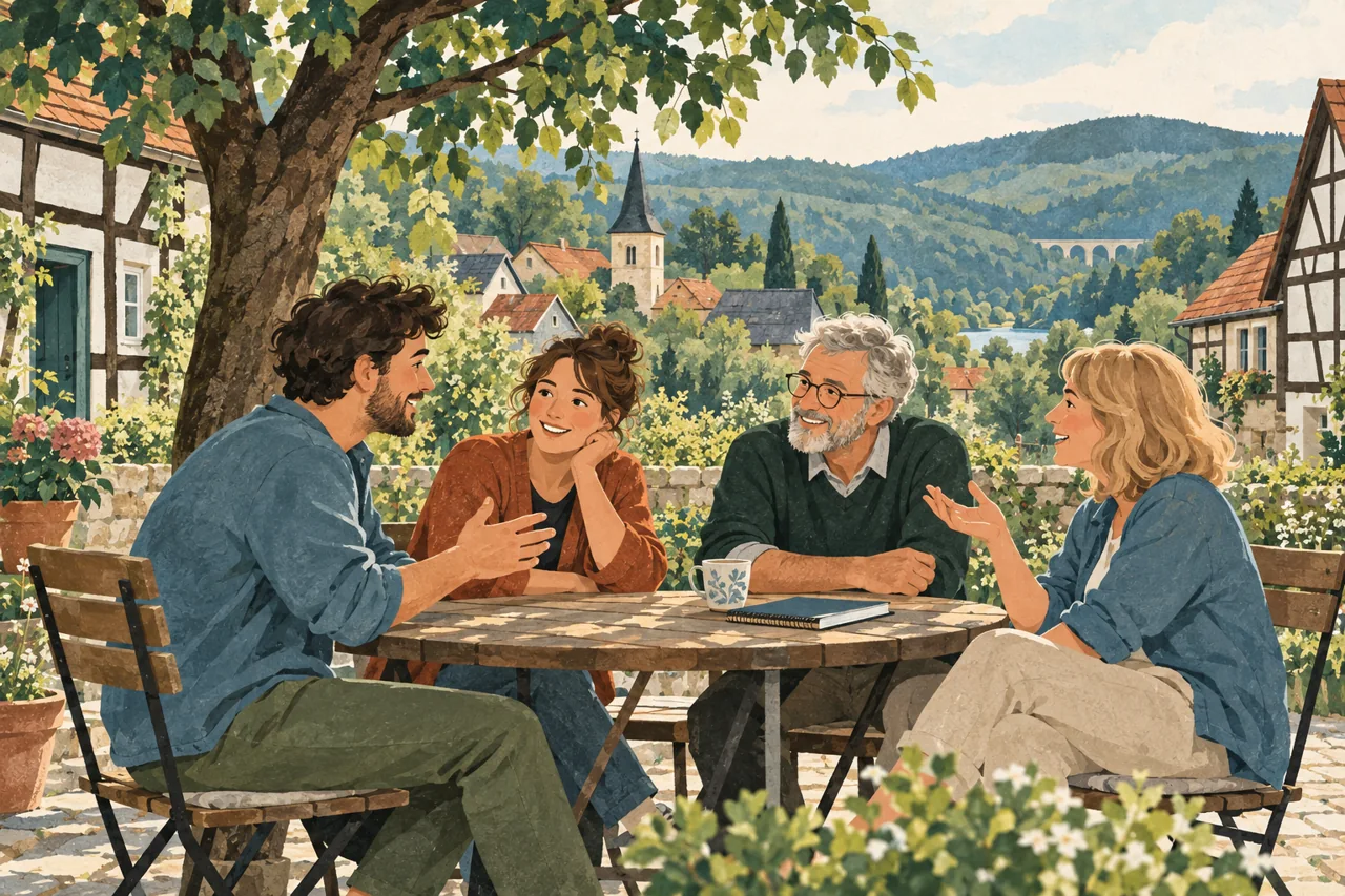Gemalte Illustration: vier Menschen im Gespräch an einem Tisch im Dorf