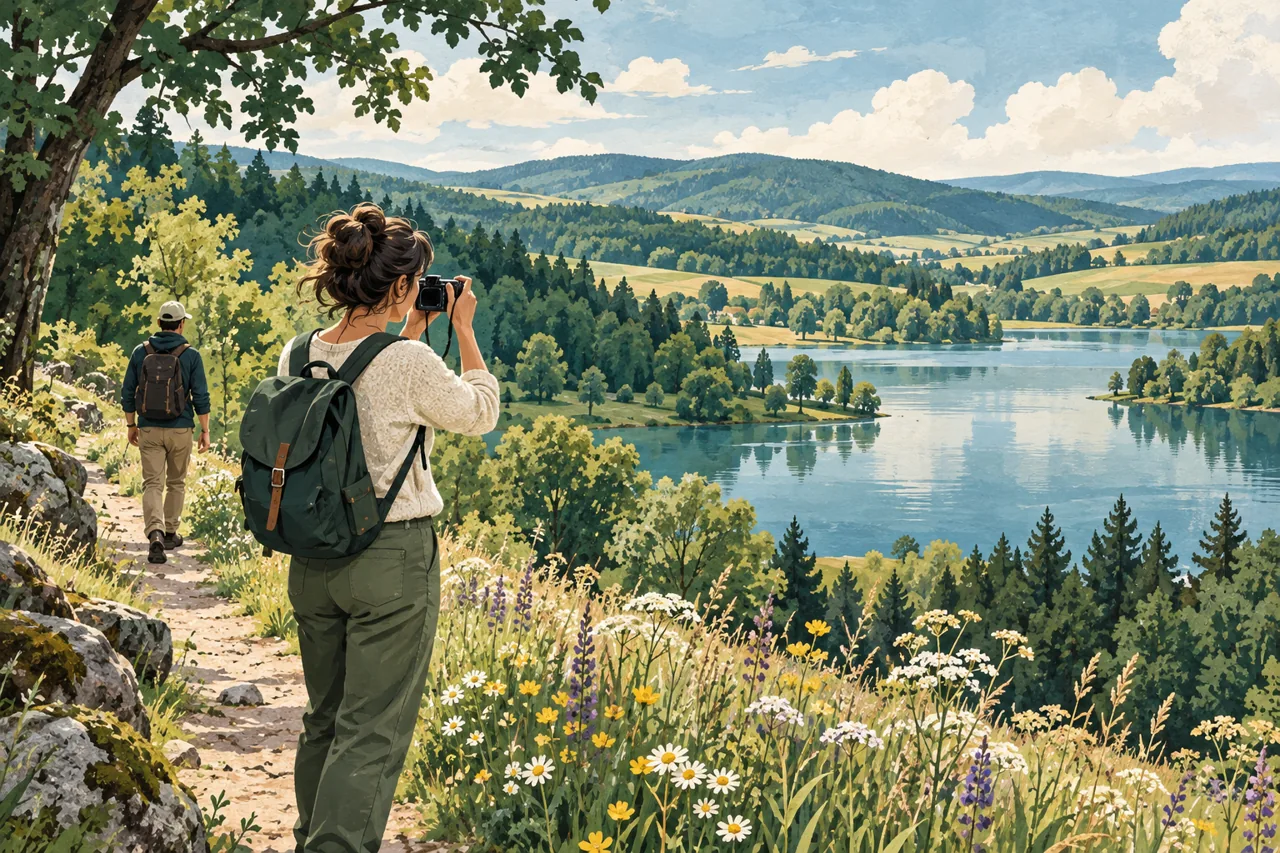 Gemalte Illustration: eine Frau fotografiert die Landschaft bei einem Spaziergang am See